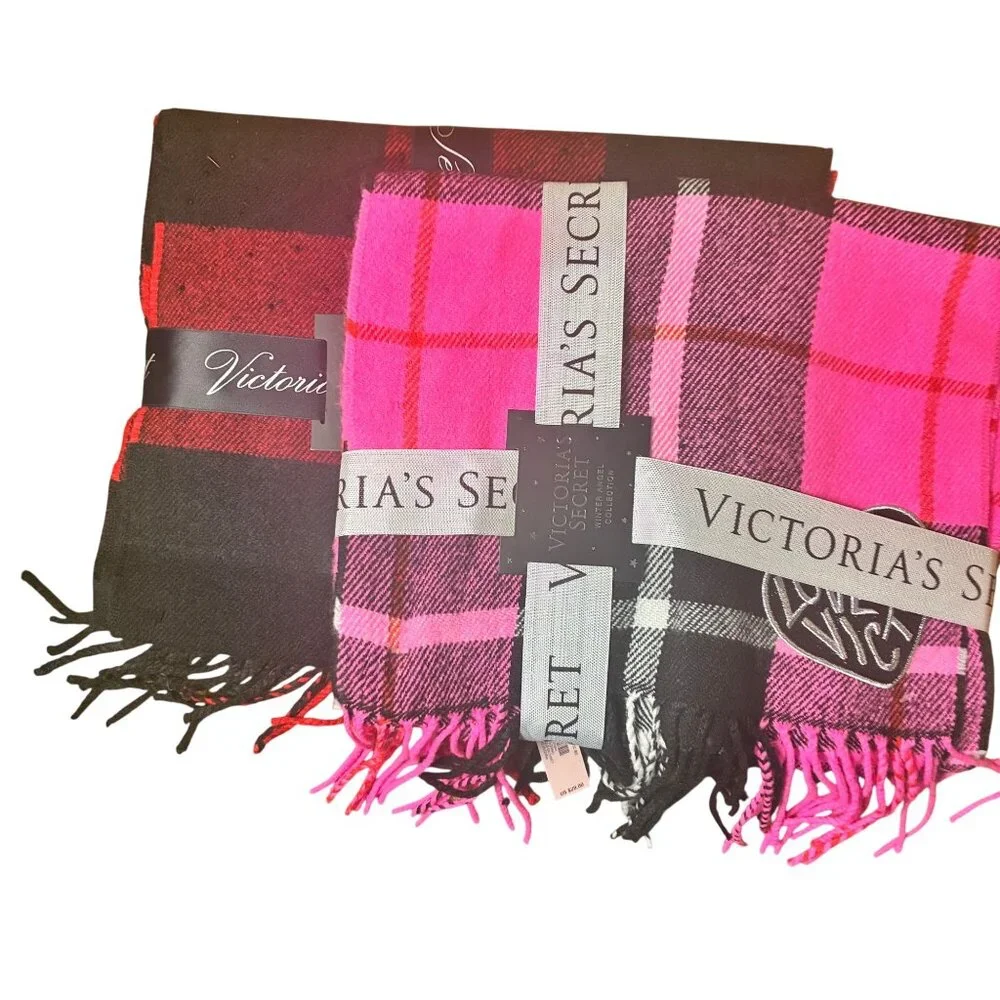 NWT 2 Victorias Secret Cozy Scarves Sparkle Buffalo Check Pink‎ & Red Plaid